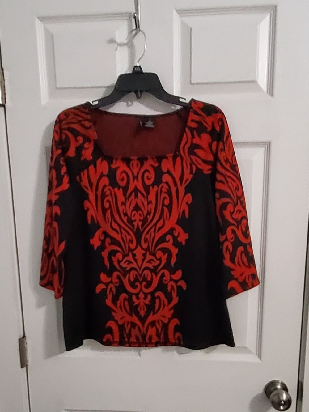 New Direccions  Black Top with Red Damask Print